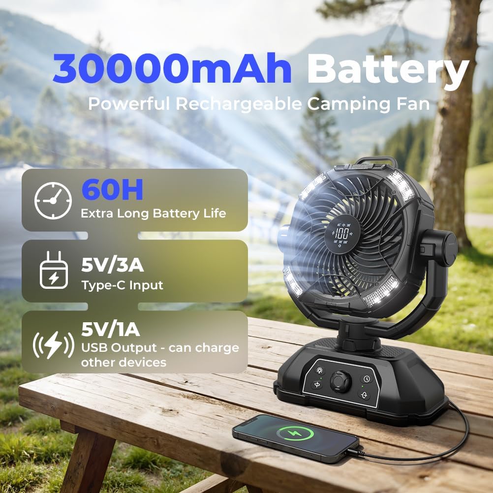 Rechargeable Camping Fan 30000mAh with RGB Lantern, 0-100 Wind Speeds Portable Battery Operated Oscillating with LED Display, 360° Airflow Tent Beach Cordless Travel Fans for Outdoor Home Office - Image 3