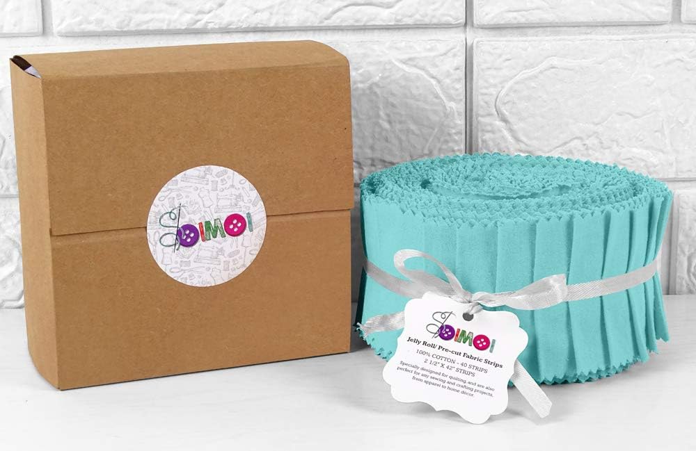Soimoi 40Pcs Solid Aqua Blue Precut Fabrics Strips Roll Up 2.5 Inches Cotton Jelly Rolls for Quilting