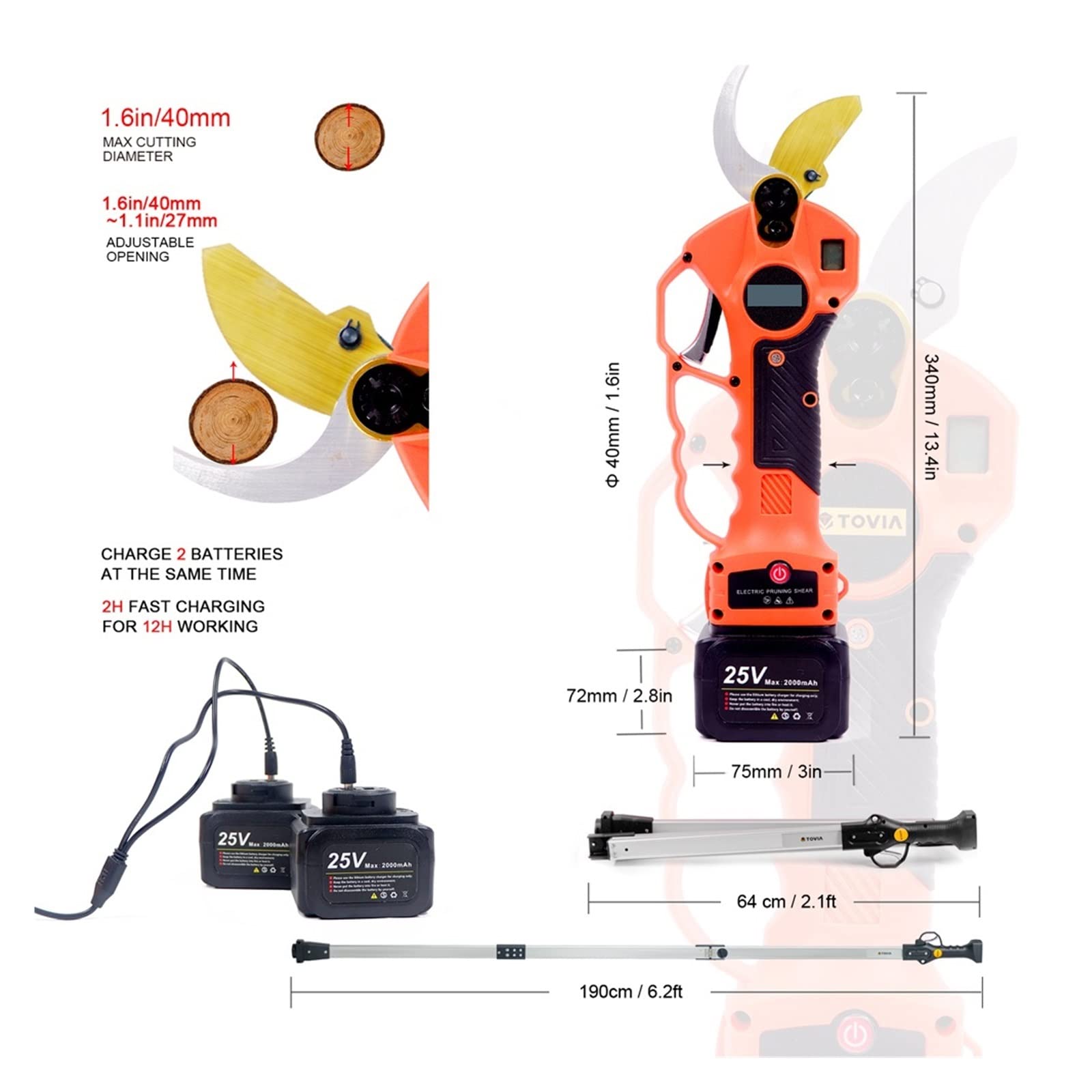 Tijeras de Podar Electricas, Tijeras de podar eléctricas inalámbricas con batería de 40mm y 25V con Extensor de Alcance, Motosierra eléctrica de 5 Pulgadas, Herramientas de jardín(Saw)