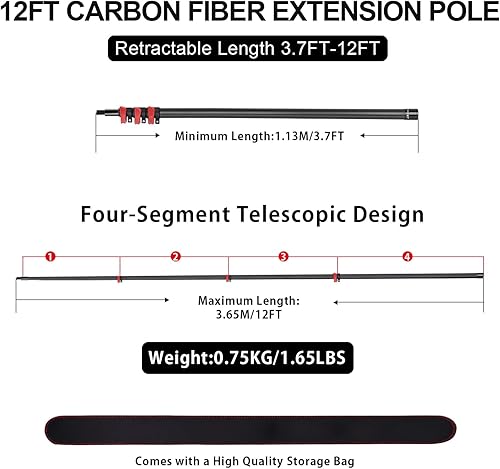 Miniatura 2 de Postes de extensión de fibra de carbono de 12 pies para limpiar rodillo de pintura, poste telescópico ligero y resistente para pintar con cabeza