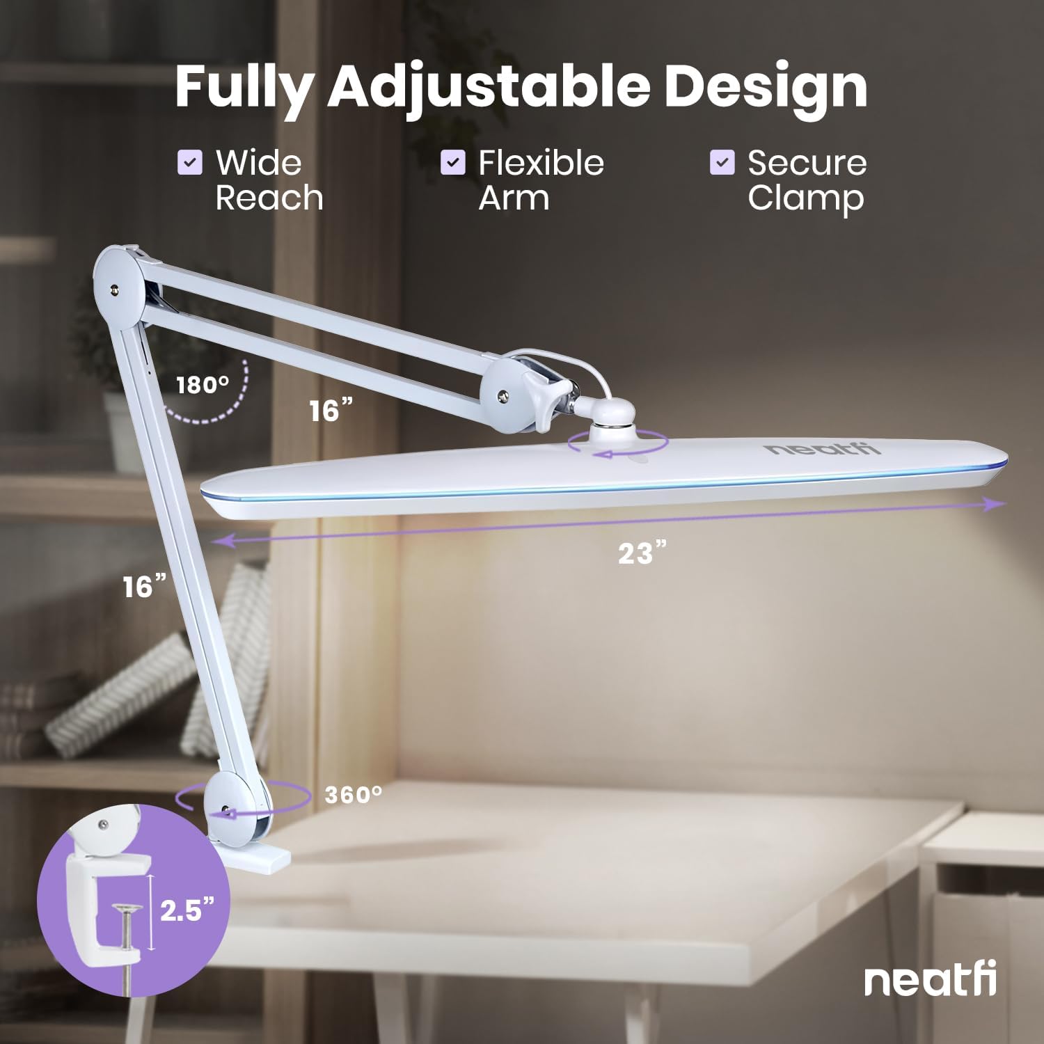 Neatfi XL Lampada da Scrivania LED 2.200 Lumen 24W – Testa Extra Larga 58 cm | Luce Dimmerabile Eye-Caring | Braccio Regolabile | Ufficio, Studio, Hobby e Nail Tech (Nero, Non-CCT con morsetto)