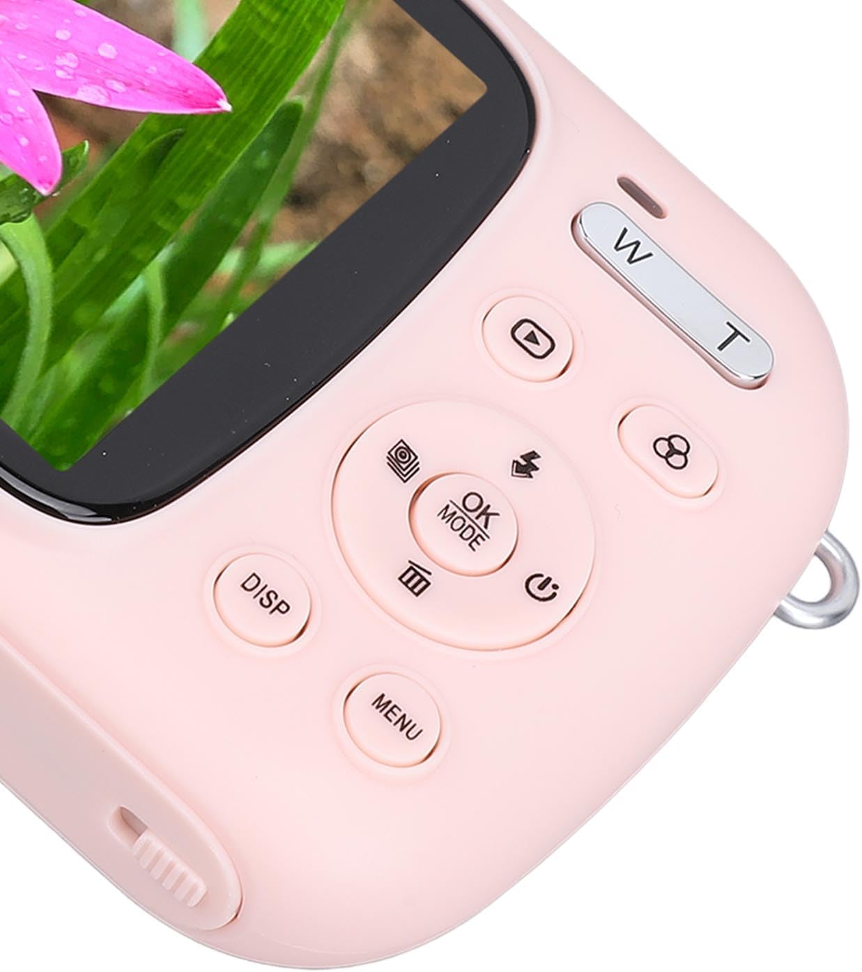Rear view of the pink LICAEVEY 5K 80MP Digital Camera, displaying the 2.8-inch screen and control buttons.