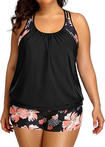 Holipick Plus Size Tankini Swimsuit for Women Two Piece Tummy Control Bathing Suit Blouson Racerback Tankini Top with Shorts