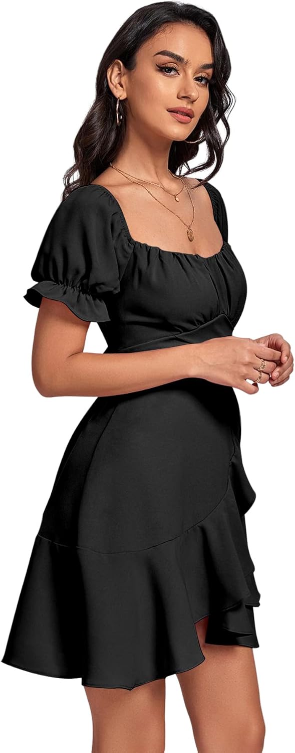 LYANER Women's Square Neck Ruffle Wrap Mini Dress Off Shoulder Flounce Short Sleeve A Line Flowy Dress - Image 4