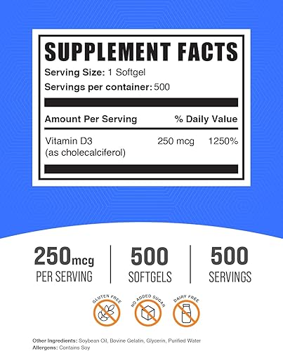 Miniatura 2 de BulkSupplements. Com Vitamina D3 10000IU Softgels - Colecalciferol, Suplemento D3, Vitamina D 10000 UI - 1 Vitamina D3 Softgel (250mcg de Vitamina