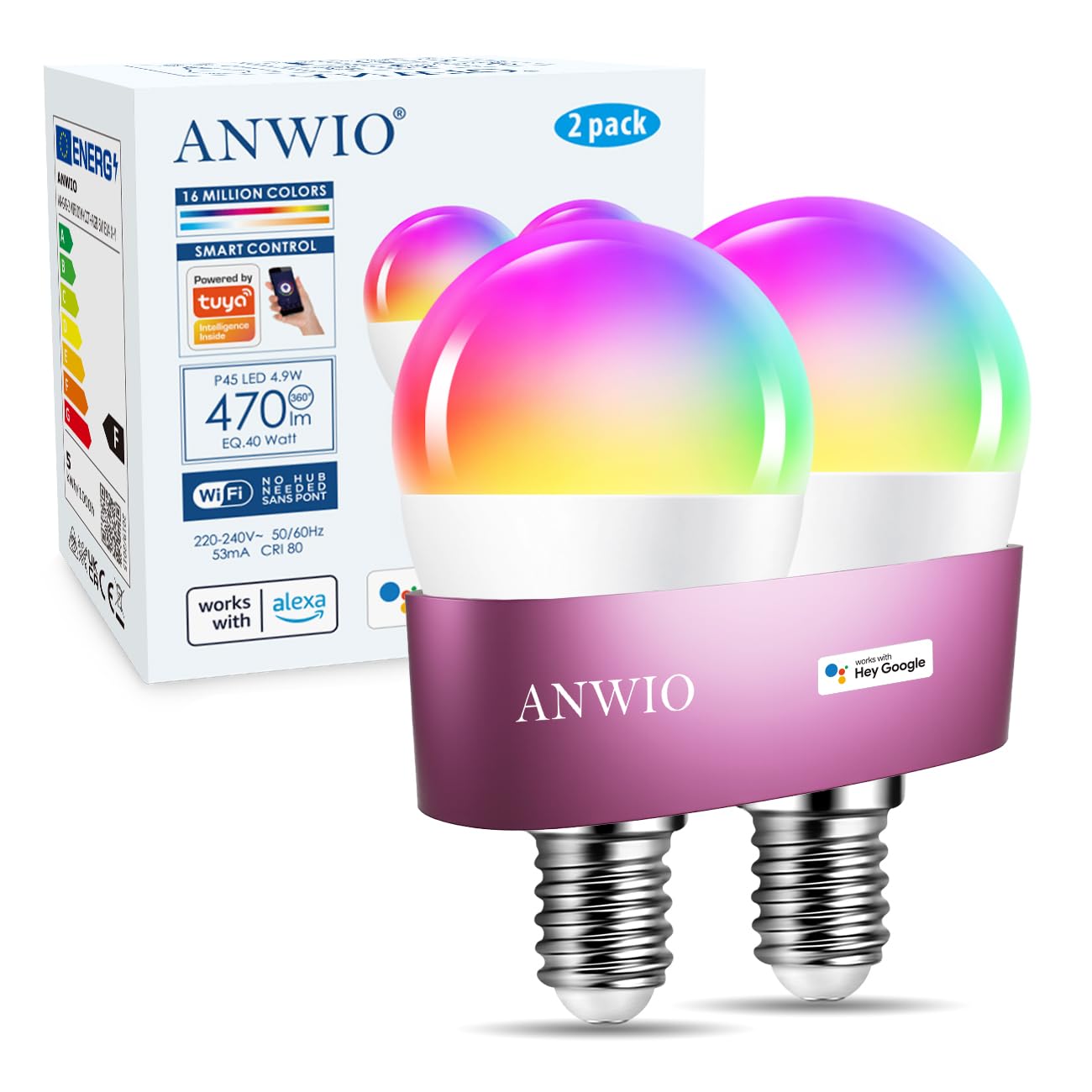 ANWIO Alexa inteligentne żarówki, E14 Wlan LED, ściemniana, 5 W, 470 lm + 2700-6500 K + RGB, 16 milionów kolorów, sterowanie za pomocą aplikacji, kompatybilne z Alexa/Google Home, Bluetooth,