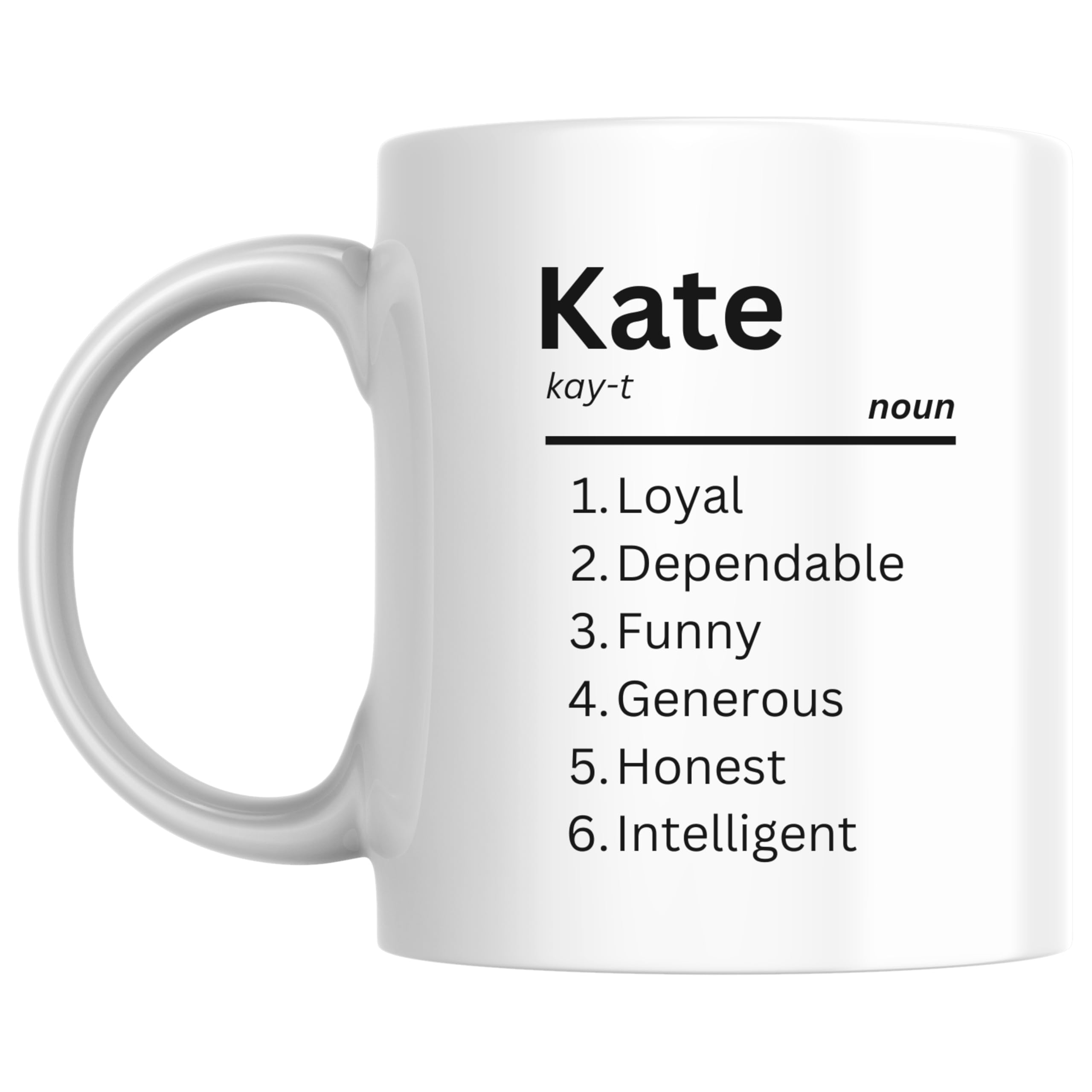Designs of note! Kate Definition Mug | Funny Personalised Name Meaning Coffee Cup for Her | Novelty Gift for Women or Girls Called Kate (Black)