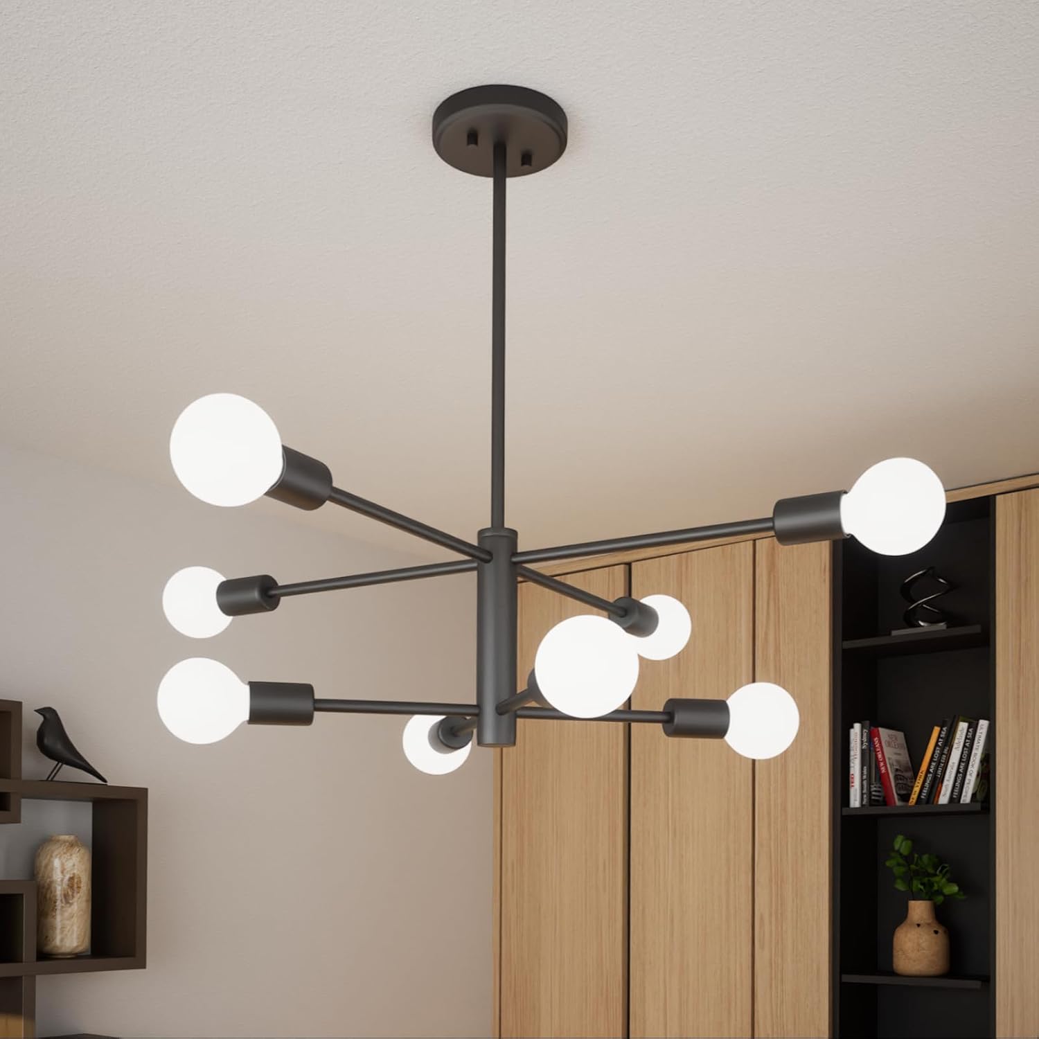 Kalium 8 Light Sputnik Chandeliers for Dining Room, 42 Inch Modern Light Fixture Over Table, Height Adjustable Farmhouse Chandelier for Bedroom, Living Room, E26 Socket (Bulb Not Included) 8 LIGHT Black