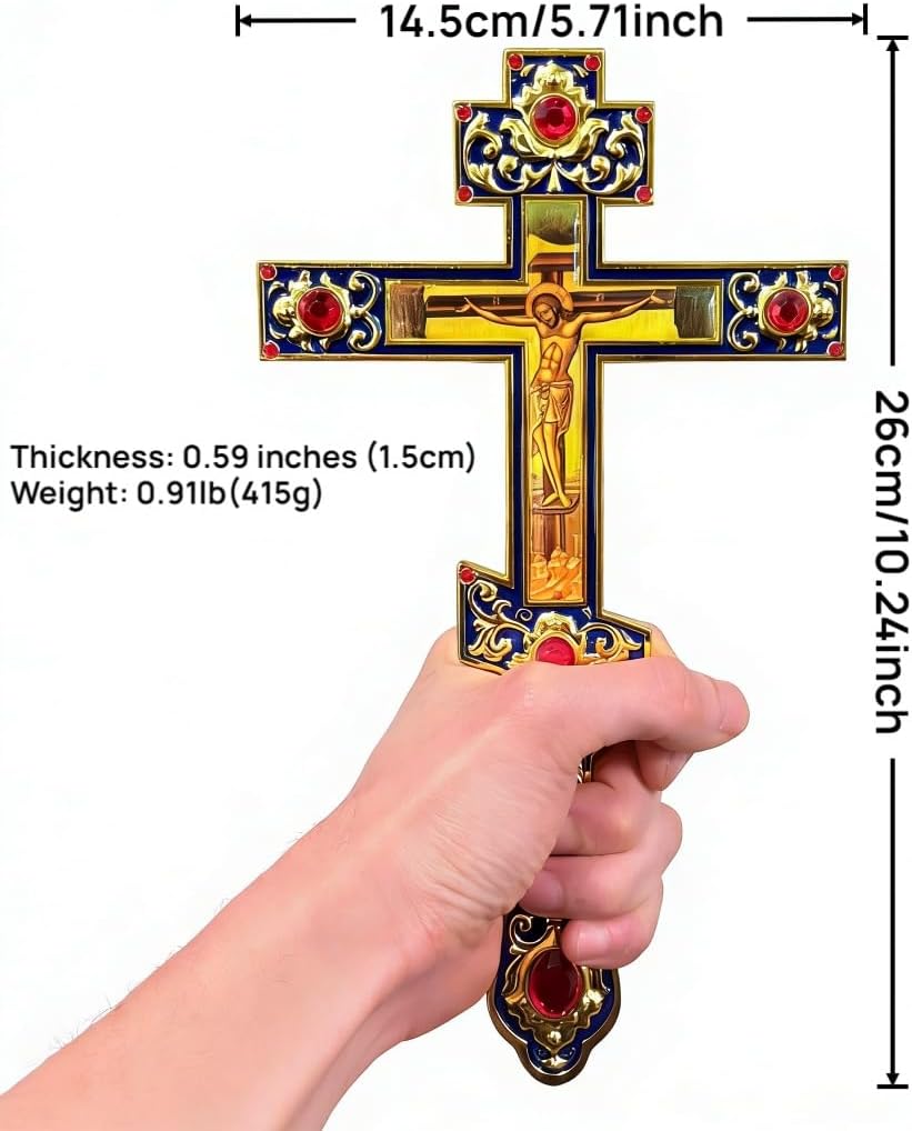 RZRHMUHN Orthodox Three Bar Cross 10.2 Inch, Enamel Metal Crucifix with Red Crystal Inlay, Religious Christian Cross for Home Church Prayer Decor Baptism Gift