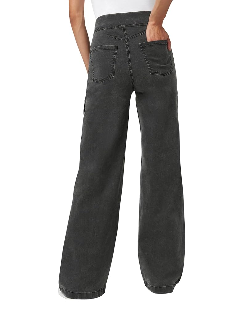 デニム・ジーパン HUECLOSET Scratch Washing Wide Denim Pants 25KERO451 HUE Women's Wide Leg, Charcoal Wash-Cargo at Amazon Women's