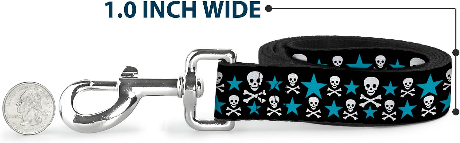 Dog Leash Skulls Stars Black White Blue 6 Feet Long 1.0 Inch Wide