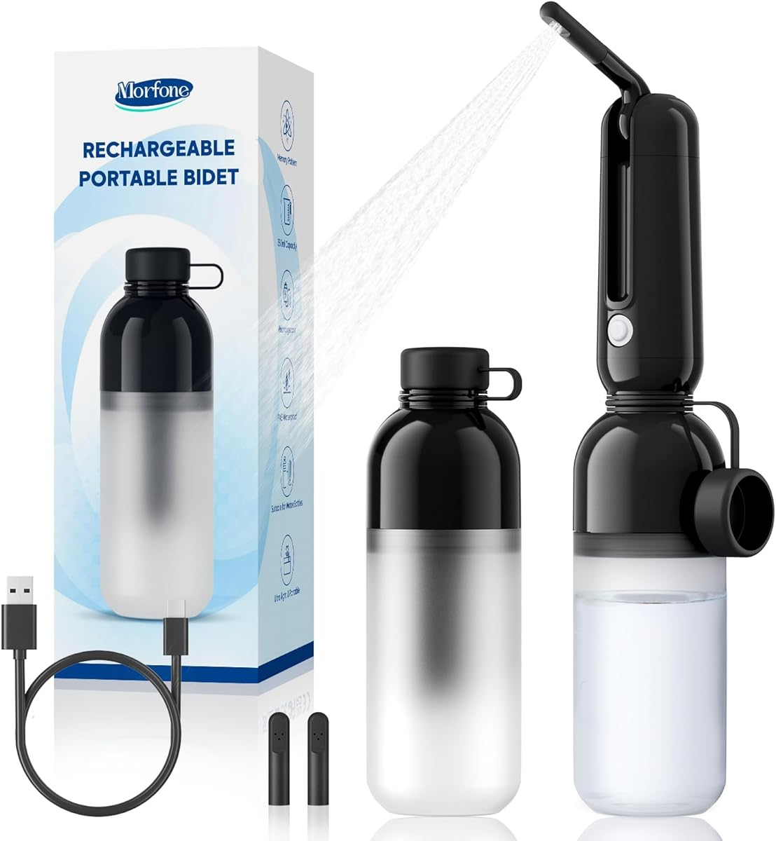 Morfone Portable Bidet for Travel, High Pressure Electric Handheld Sprayer 350ML with Dual Spray Modes, USB-C Rechargeable Waterproof Travel Bidet for Women, Men, Postpartum, Personal Hygiene(Black)