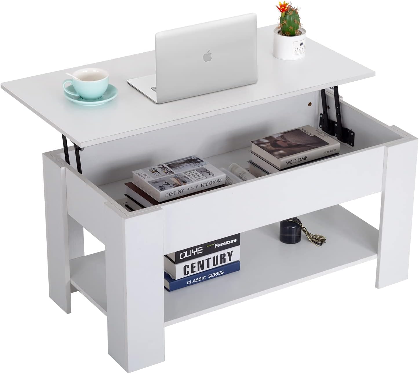 FDW Lift Top Coffee Table with Hidden Compartment and Storage Shelf Wooden Lift Tabletop for Home Living Room Reception Room Office (White)