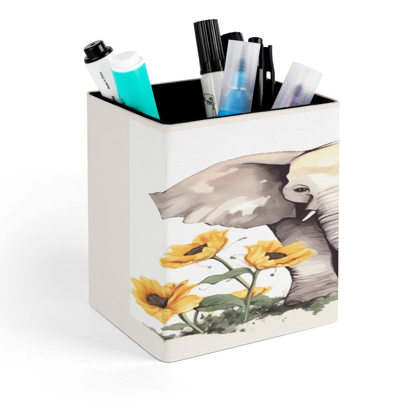FekiLoot Elephant And Sunflower Pen Holder for Desk Minimalist Leather Pencil Holder Fashion Modern Pencil Cup Decorative Square Pen Cup Locker Organizer for Office Work Locker Accessories