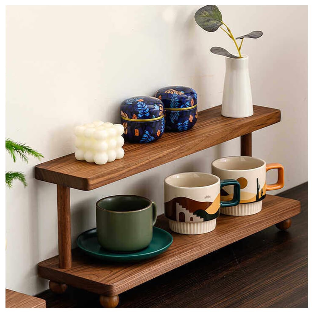 QDZC Multi-Layer Walnut Wood Coffee Storage, 2 Tier Coffee Mug Display Rack, Wooden Tea Cup Holder, Countertop Storage Cabinet,Kitchen Counter Shelf 40cm