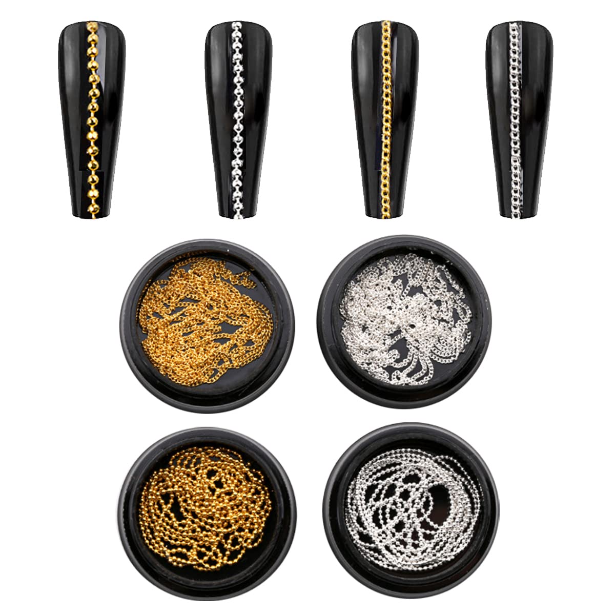 Nail Chain Art Set - 4 Gold & Silver Metal Chains, 3D Nail Charms & Punk Studs for Manicure Design DIY Crafts