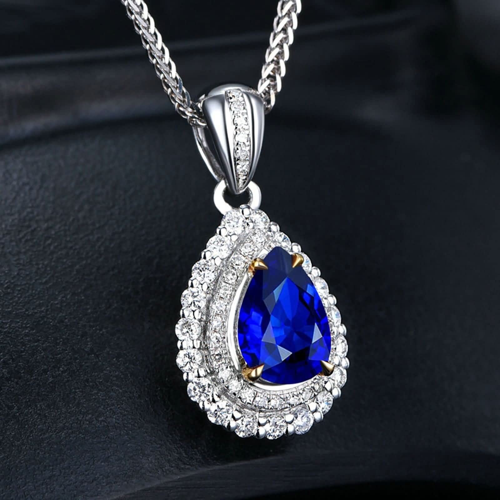 Collana Oro 18 Kt 750 Donna, Ciondolo Oro Bianco Diamante Goccia con Zaffiro 1.1ct