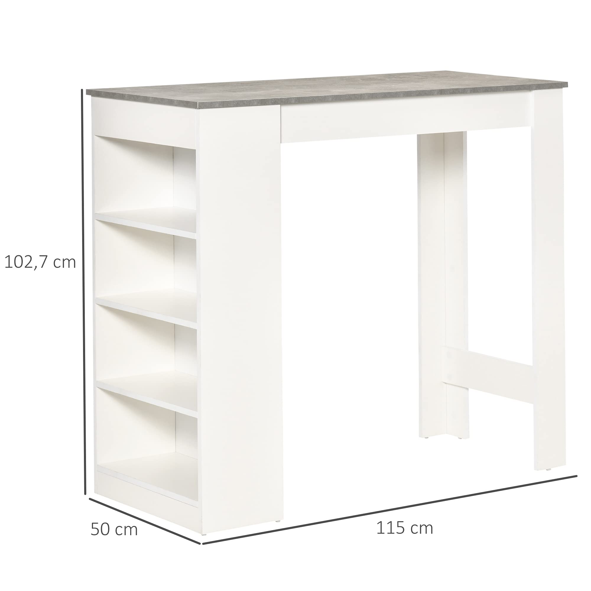 HOMCOM Mesa de Bar Mesa Alta con Estantería 115x50x102,7 cm Blanco y Gris | Tipo Bistró de Cocina, 4 Niveles, Estilo Moderno, Melamina, para Comedor Salón