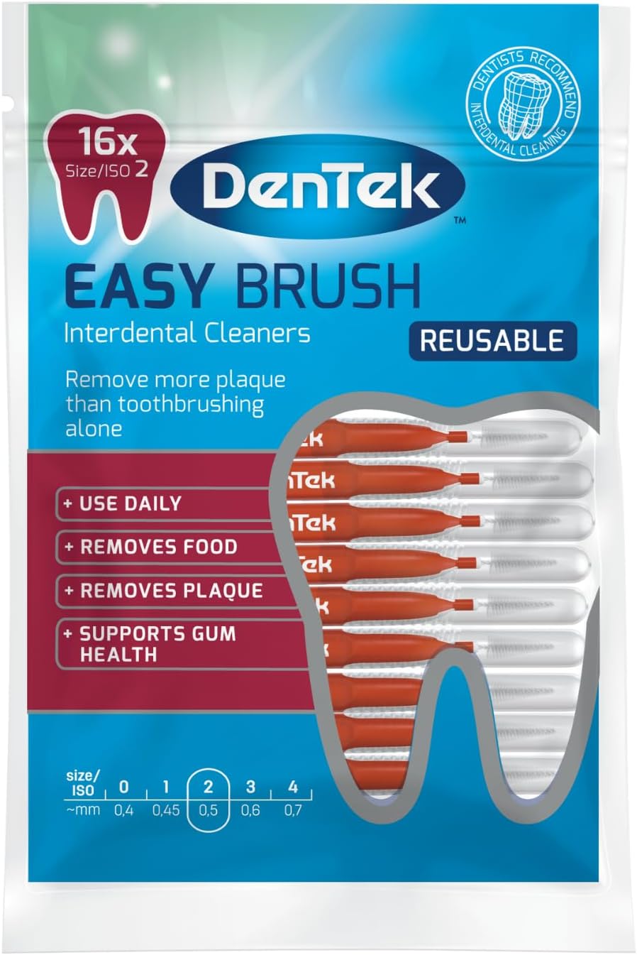 DenTek Easy Brush Interdental Brushes, ISO2/0.5mm for removing food and plaque between teeth, (Color may vary ) , 16 Count ( Pack of 1),