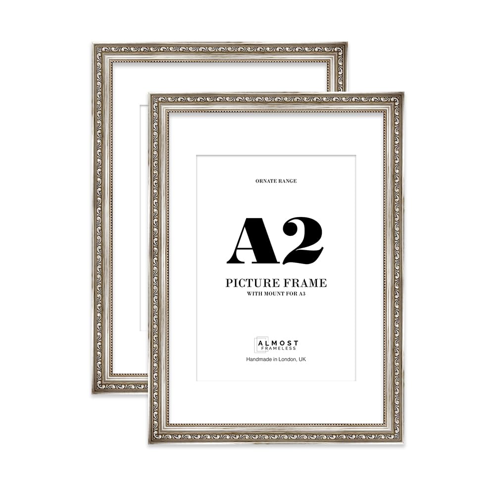 Silver Ornate Picture Frame A2 With A3 Mount for Photos - Wall Display, Landscape or Portrait, 2 Pack