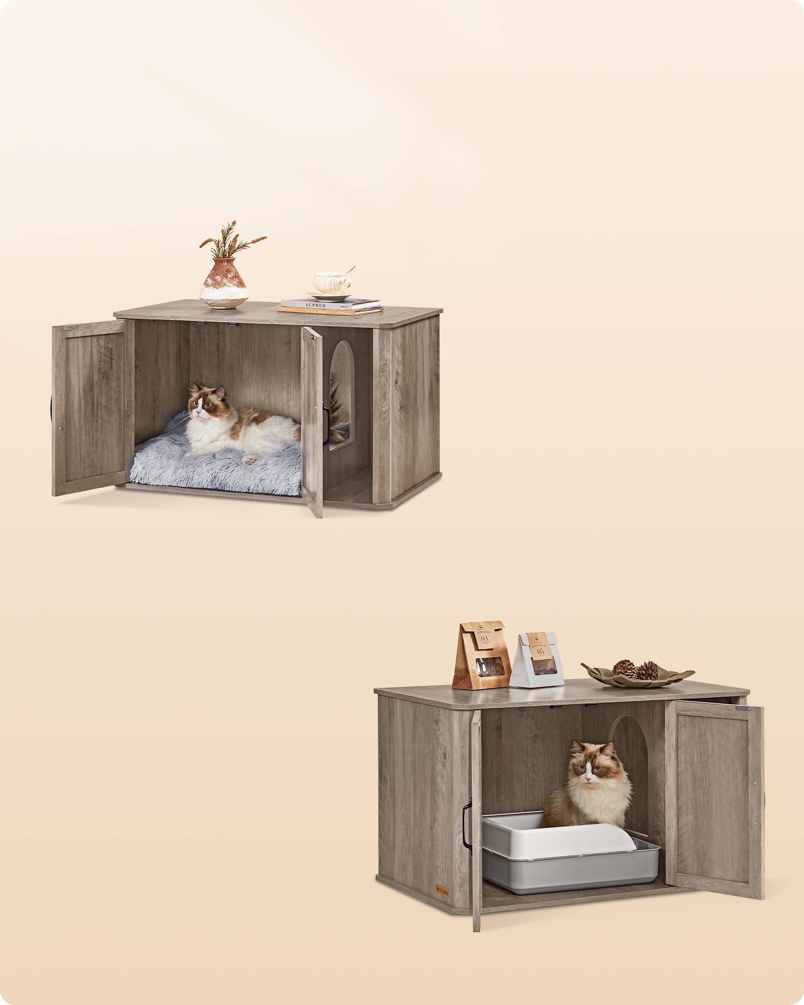 Apetaccat Kattenbakkast, kattenbakkast met dubbele deuren, kattenhuis met krasmat, hoge poten, voor kattenbak, bijzettafel, 80x50x55 cm, zwart, diagonaal patroon