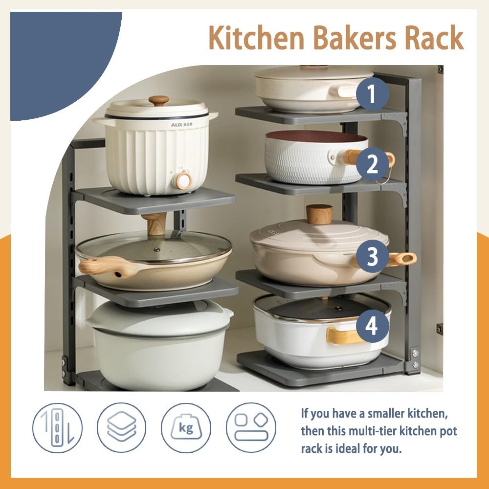 Organizador de sartenes ajustable para ollas y sartenes, organizador de cocina de 4 niveles, ideal para encimera de cocina y almacenamiento de gabinetes