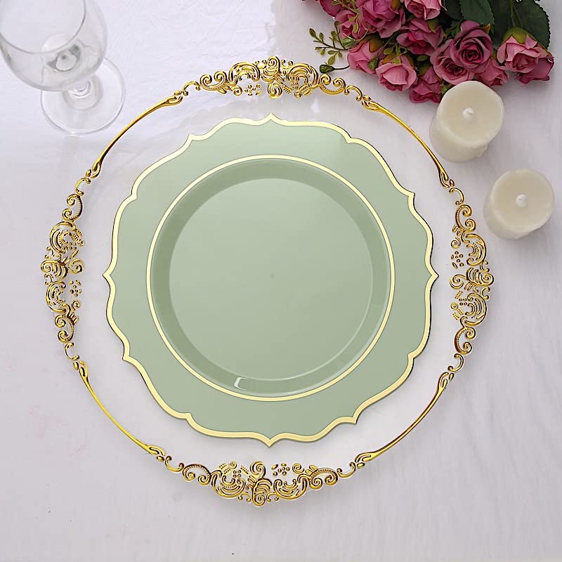 Balsa Circle 10 Sage Green 10.5-Inch Round Plastic Dessert Plates with Gold Scalloped Rim Disposable Wedding Reception Tableware