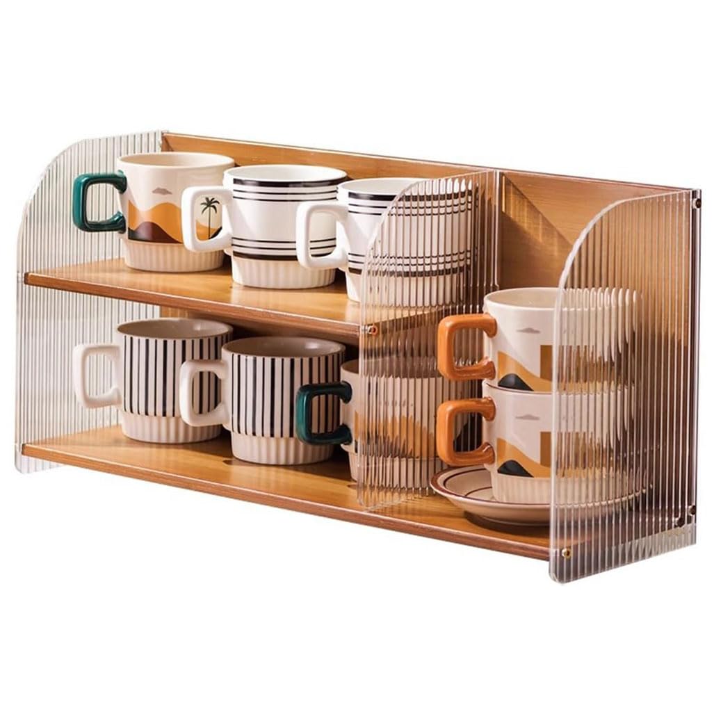 Estante de exhibición de Tazas de café de Madera de 2 Niveles, Soporte para Tazas de bambú y acrílico, Estante de Almacenamiento de encimera de Cocina, Organizador de frascos de Especias par