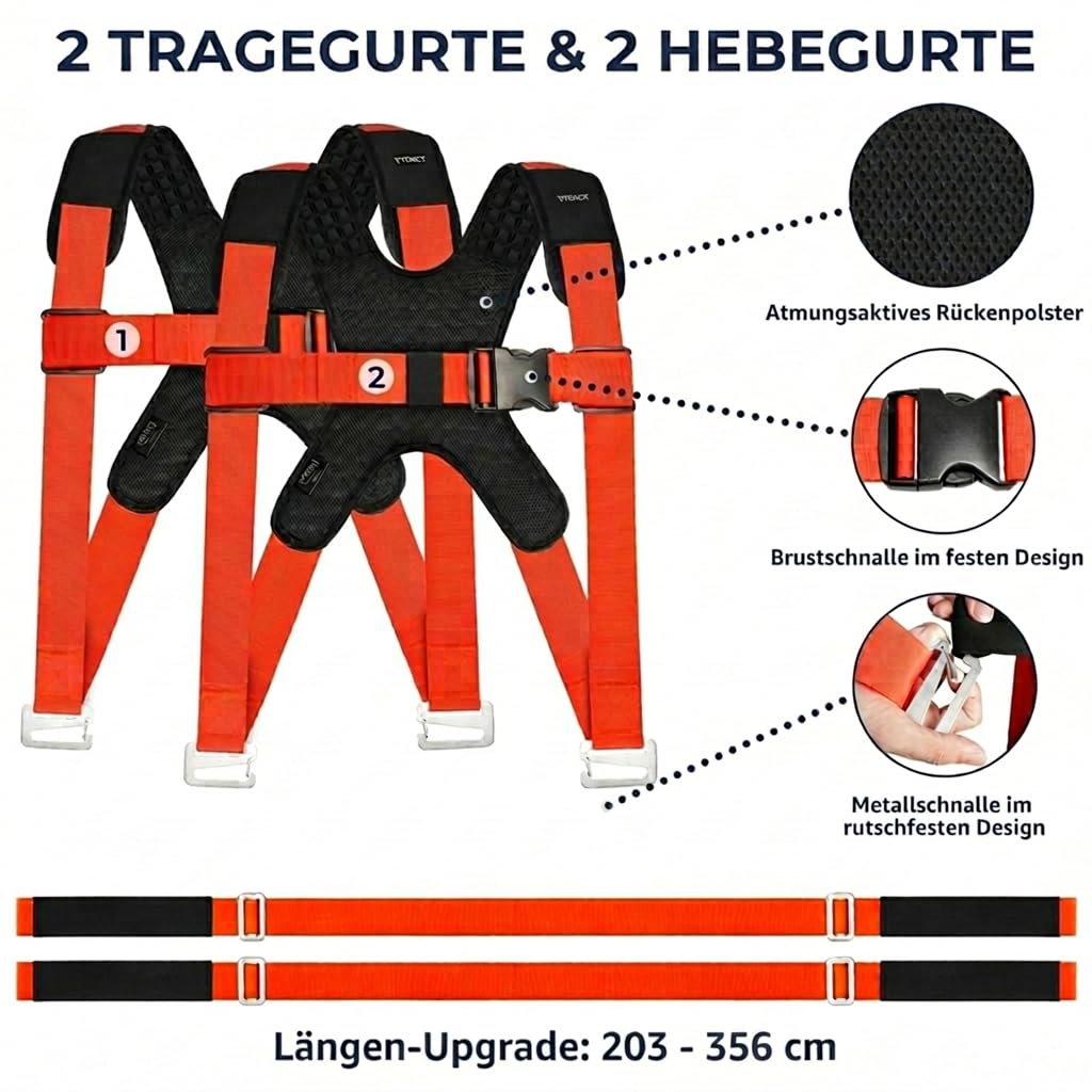 Ytonet Tragegurte Umzug 2 Personen, Möbeltragegurte Tragegurte | Tragegurte mit Gepolsterter Rückenstütze für Haushaltsgeräte, Matratzen und Schwere Gegenstände bis 360 KG, 3.4 M Lang