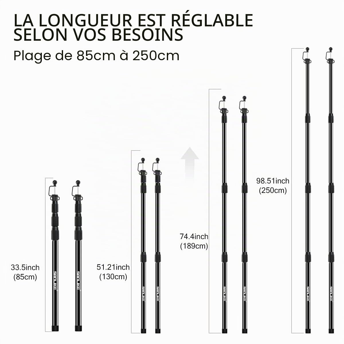 SAN LIKE Lot de 2 piquets de Tente télescopiques en Fibre de Verre - 250 cm - Léger - Réglables - pour auvent de Pluie