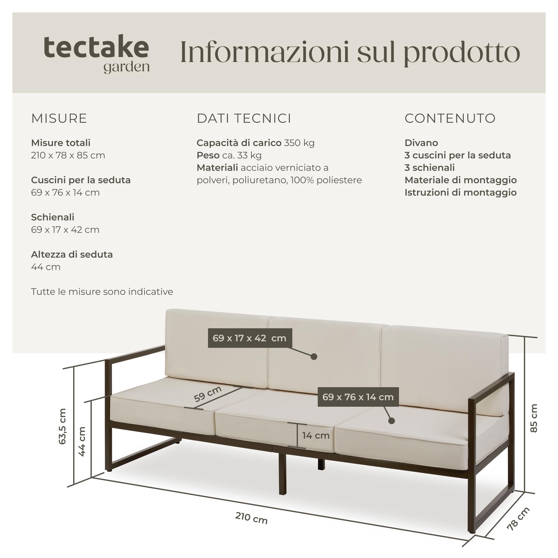 Tectake Divano da Giardino Comosa 3 Posti Imbottitura XXL Acciaio Verniciato