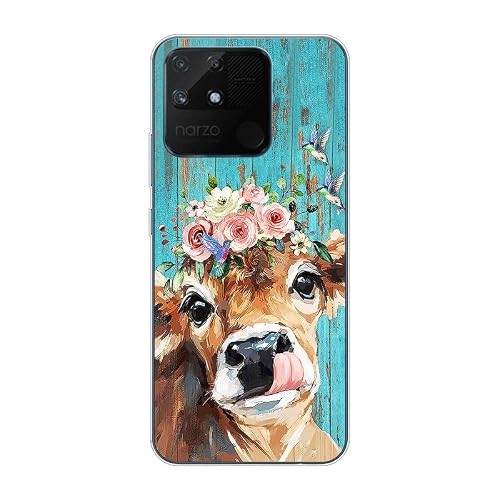 KARTXITAI Case Compatible with Narzo 50A,Shockproof Slim Thin Silicone Protective Anti-Fingerprint Anti-Scratch Anti-Fall Phone Cover - Cattle,Flowers, Birds, Oil Paintings