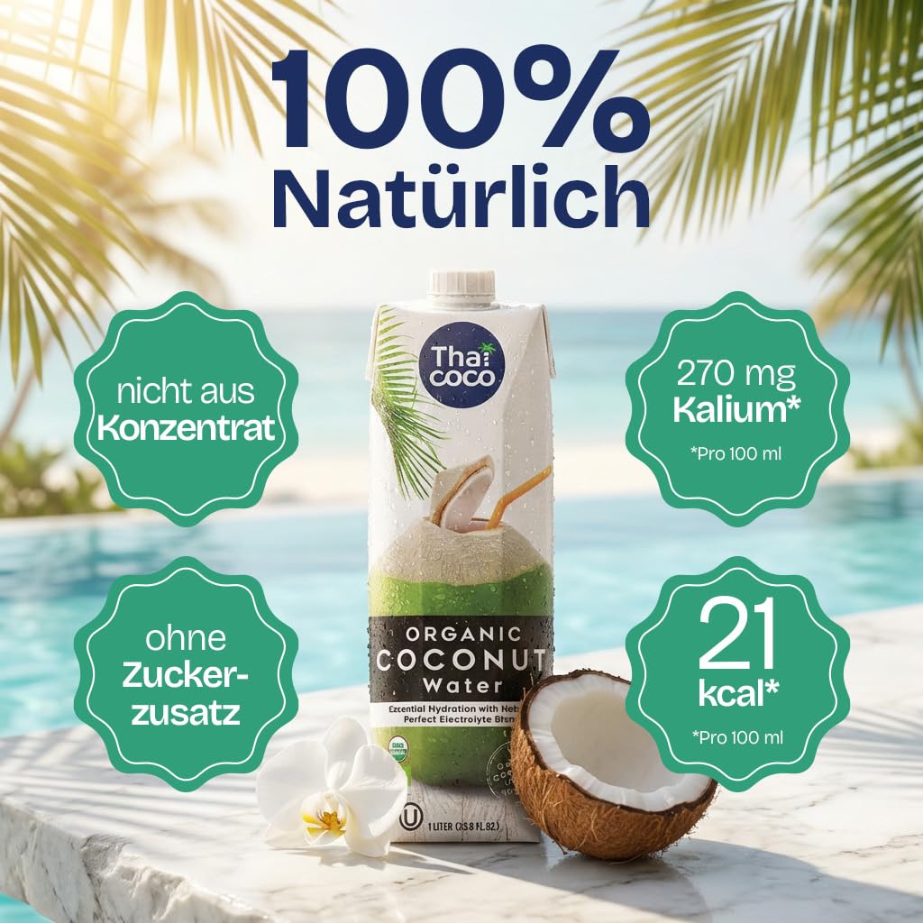 Thai Coco, agua de coco 100% pura, 12 x 1 l, procedente de Tailandia – Agua de coco natural con electrolitos – Sin azúcares añadidos ni conservantes – Bebida hidratante para el deporte y el día a día