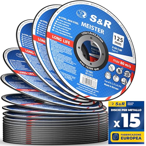 S&R Dischi Mole da Taglio Ferro Metallo e Acciaio Inox per Smerigliatrice (125 x 1 mm) 15pz. Disco per metallo ultra sottile 1 mm.