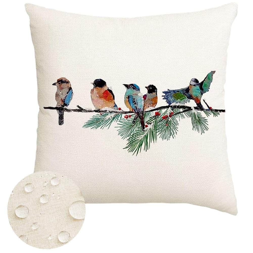 RABUSOFA Christmas Outdoor Pillow Covers Waterproof 18x18 Inch Birds Christmas Decorations Winter Throw Pillow Cases Xmas Birds Decor Decorative