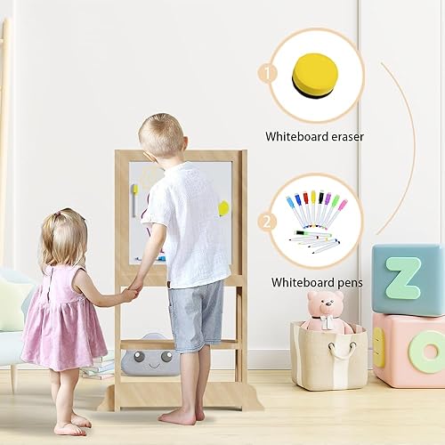 Miniatura 3 de Taburete de cocina 4 en 1 para niños pequeños, taburete de torre de aprendizaje para niños con riel de seguridad y tabla blanca para escribir