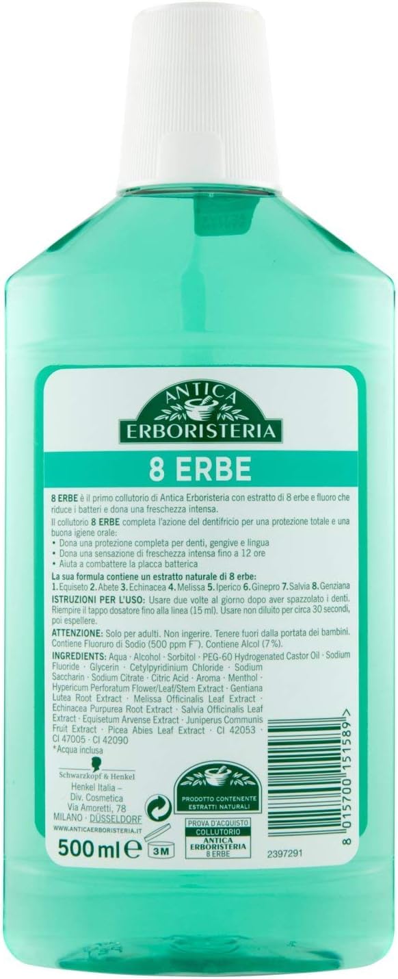 8 x Antica Erboristeria, Collutorio 8 erbe, collutorio quotidiano per igiene orale, effetto fresco intenso, 12 ore di alito fresco, 500 ml