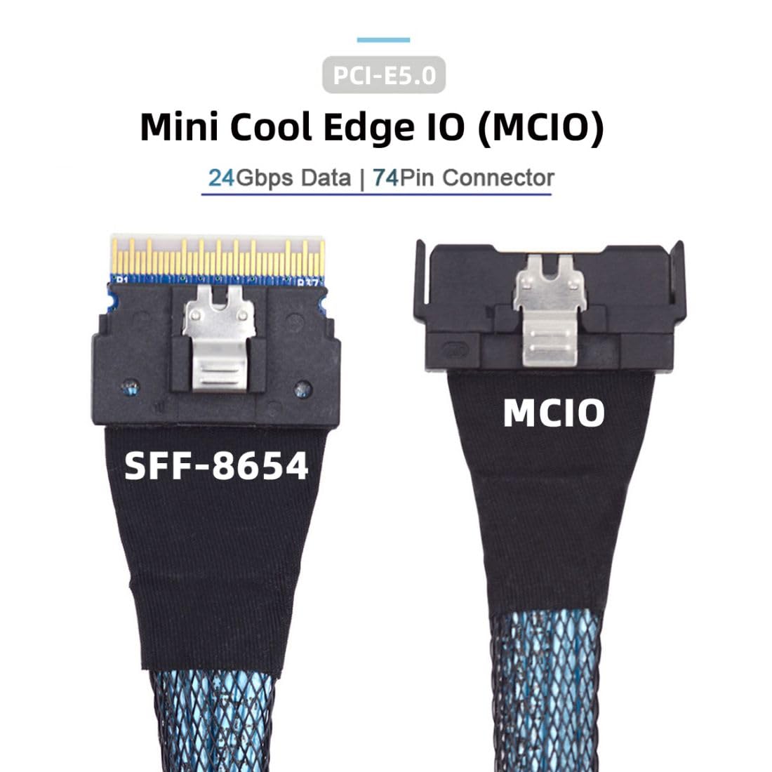 Câble d'extension PCI-E 5.0 Mini Cool Edge IO MCIO 74 broches vers SFF-8654 8i Slimline SAS 4.0 24 Gbps 50 cm