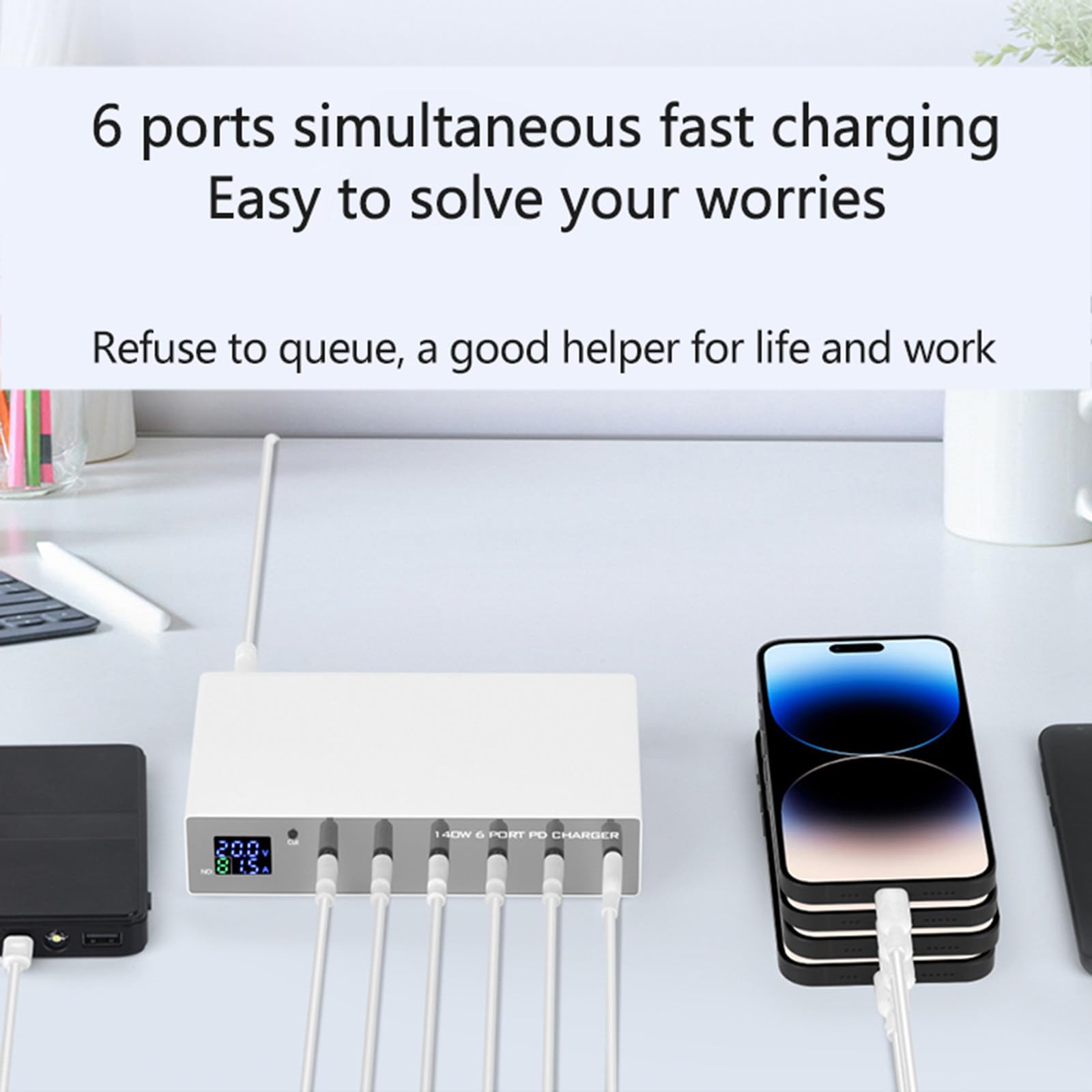 Caricabatterie PD a 6 Porte 140 W più Porte USB per Telefono, Notebook, Tablet, Adattatore per Caricabatterie per Telefono QC3.0 PD3.0, Stazione di Ricarica Rapida da 30 W