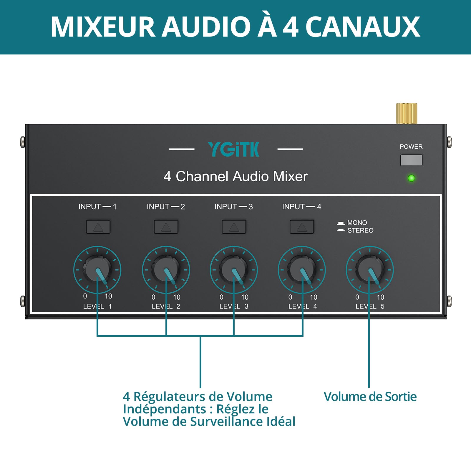 Mini Mélangeur Audio 4 Canaux Stéréo/Mono, 3,5 mm + 6,35 mm avec Contrôle du Volume Indépendant, Faible Bruit, USB Type-C pour Guitare, Clavier, Micro, Casque, PC
