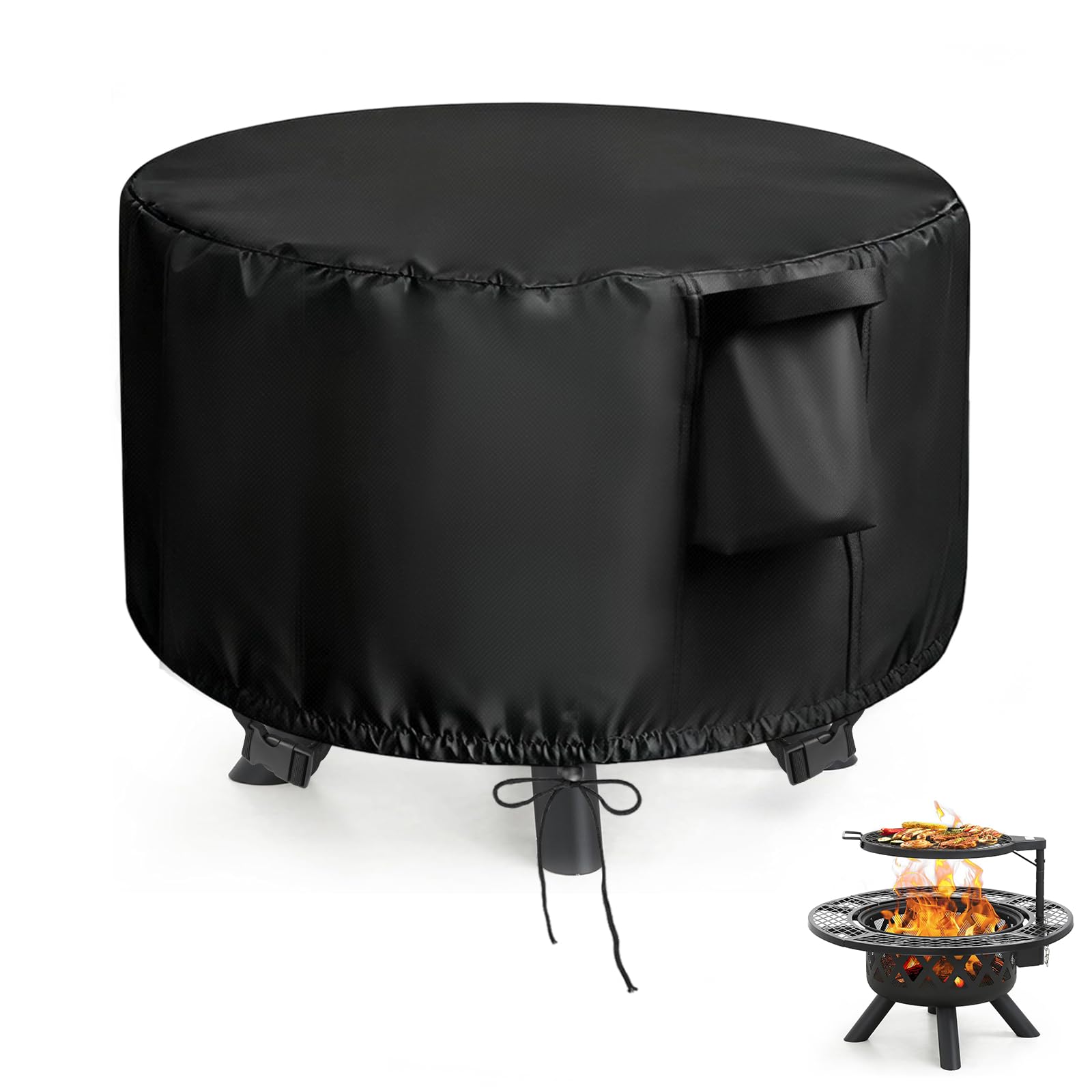 Flymer Fire Pit Cover Round 90cm, Large Outdoor Firepit Cover with Air Vent & Handles, 500D Heavy Garden Fire Pit Covers Waterproof for Firepit Grill, Wood Fire Pits, 92 × 60cm, Black
