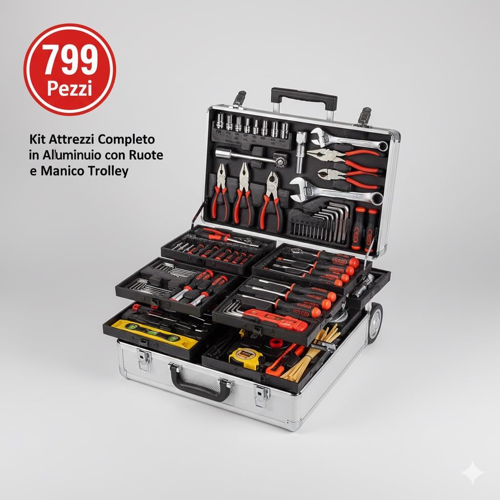 VALIGETTA Professionale Kit Attrezzi 799 Pezzi, Trolley in Alluminio con Ruote, Set Completo Utensili per Meccanico e Fai da Te, Include Bussole, Cricchetti e Chiavi