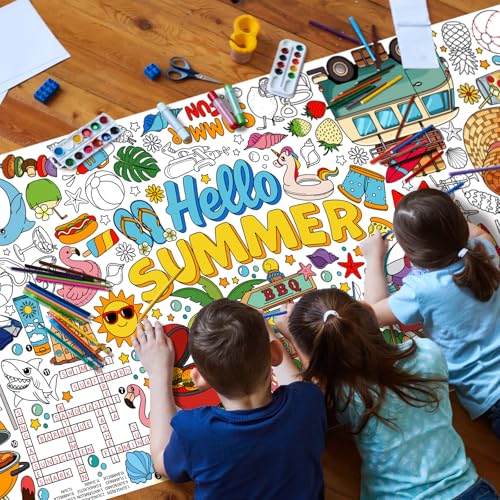 Image of Gatherfun Hello Summer coloring tablecloths, 31.5 x 72 Inch Beach Party Coloring Banner, Paper Table Cover for Summer School Party Supplies, Special Events Decoration, beach Party Decorations