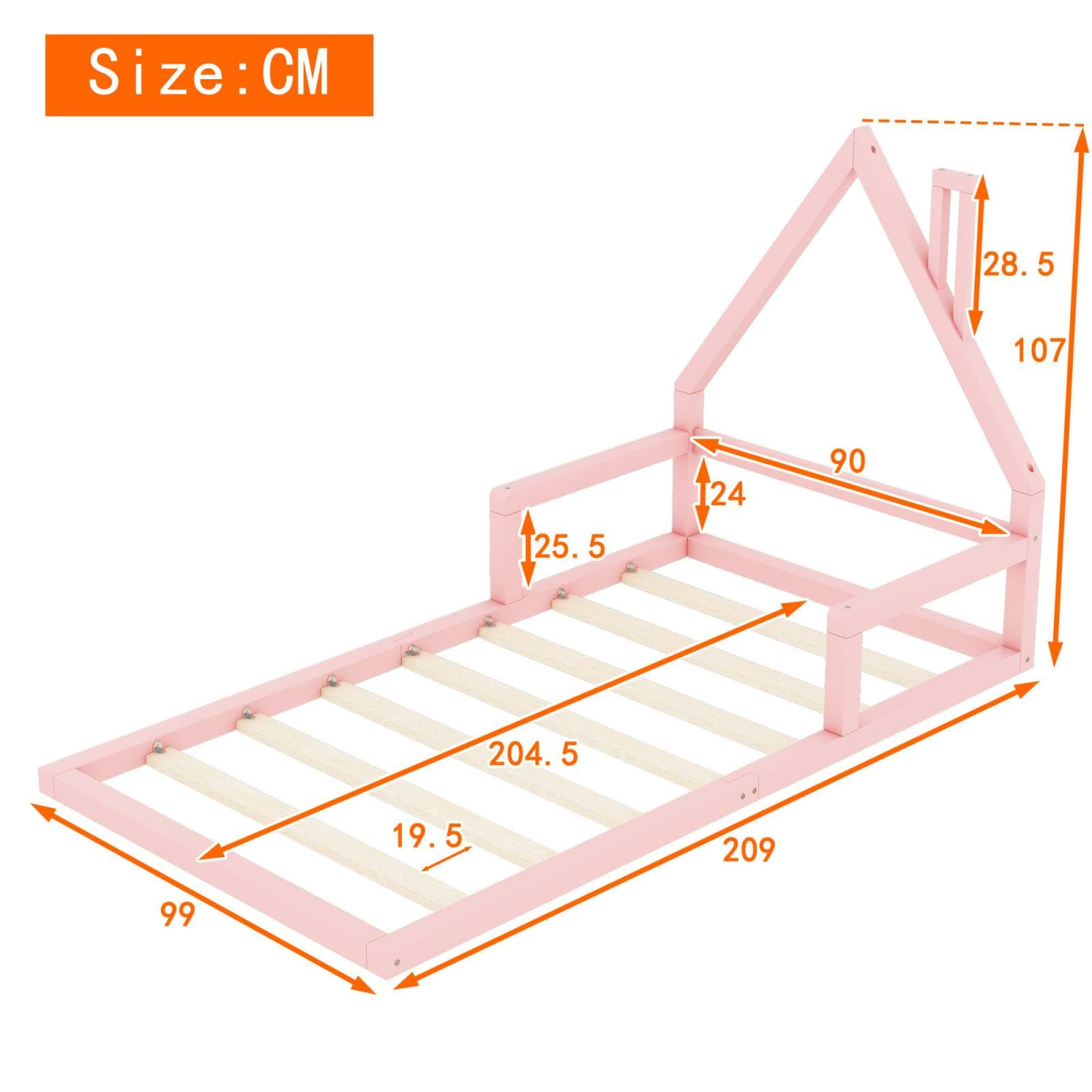 PUGSDRLY Lit Enfant 90x200cm, Lit Plaqué Pin Massif 1 Place, Forme Maison