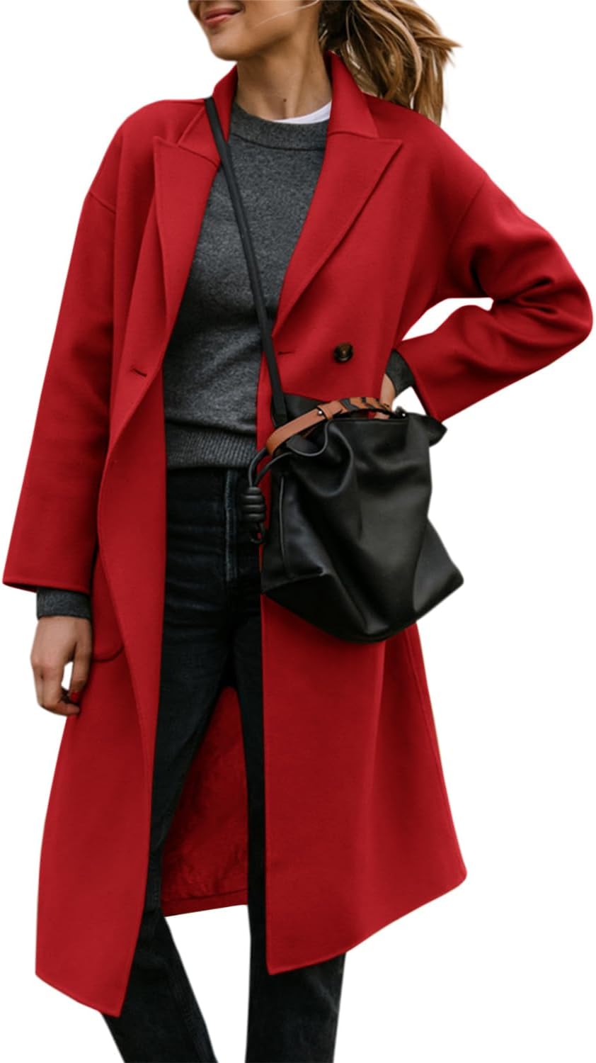 FSHAOES Womens Lapel Peacoat Winter Double-Breasted Outerwear Mid Long Jacket Casual Trench Coat