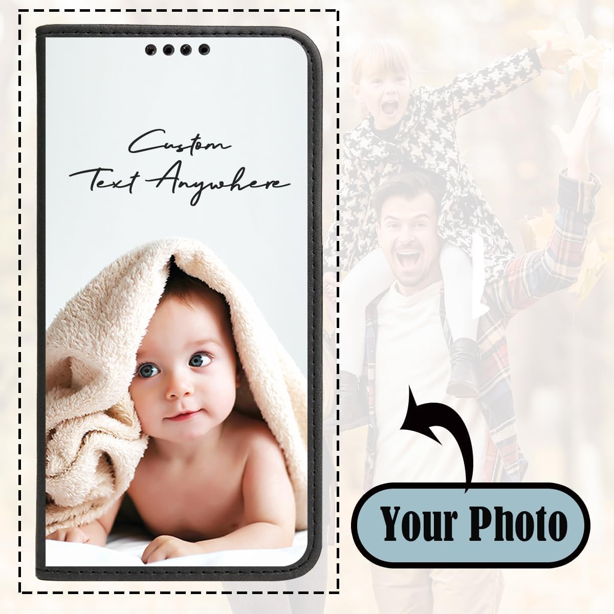 Custom for iPhone 16,Pro,Pro Max,Plus,5G Flip Wallet Case with RFID Blocking Credit Card Holder, Personalized Photo PU Leather Folio Flip Kickstand Protective Shockproof Black Cover Women Men