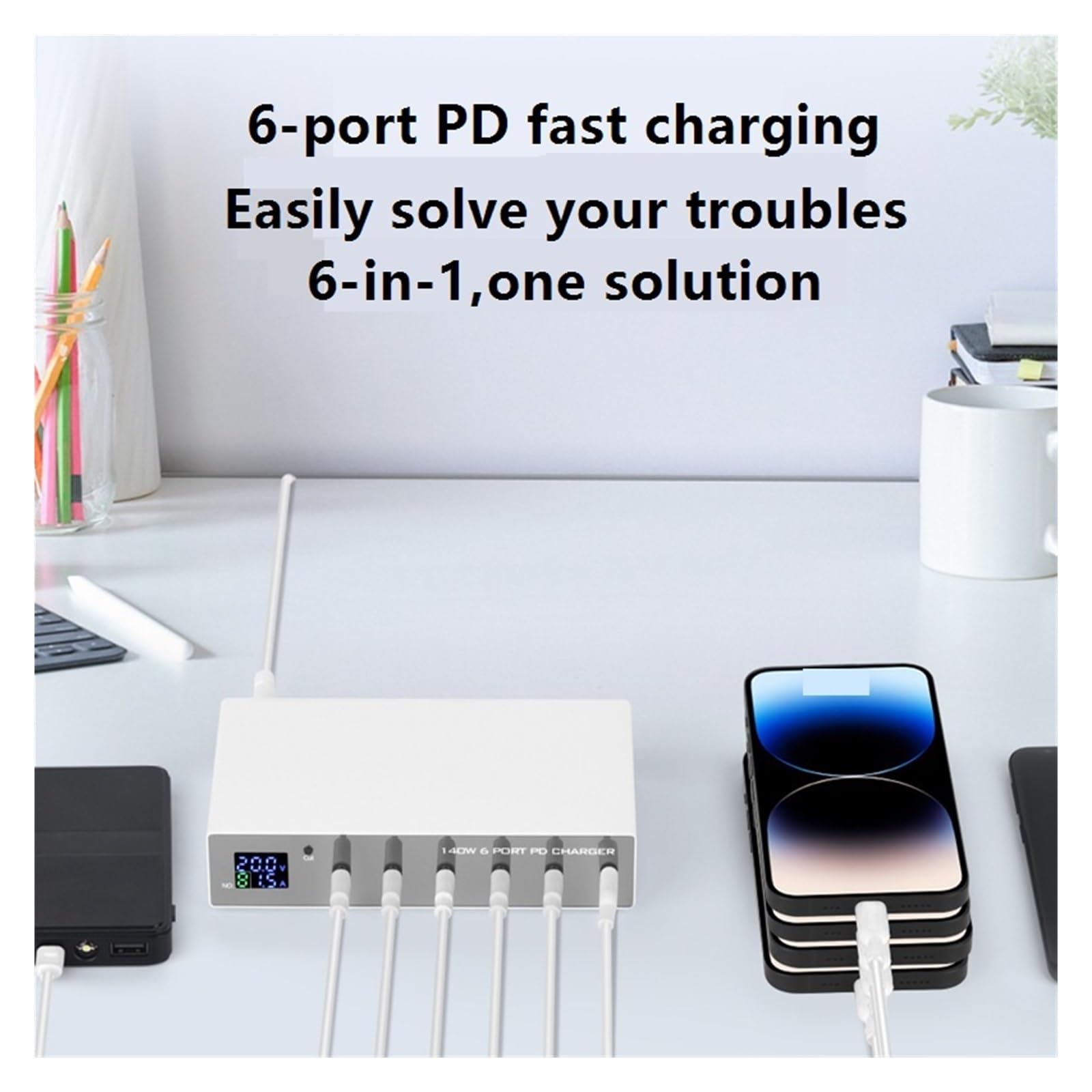 Stazione Di Ricarica Rapida USB-C Multipla Con Caricabatterie Rapido PD 6 Porte Da 140 W E Display LED Capacità Di Ricarica Rapida(White 140W PD)