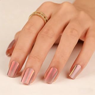 Press On Nails Short, Square Nude Pink Cat Eye Chrome Glazed Donut Design Fake Nails,Pink Natural Natural Natural Summer INS Artificial Artificial Nails