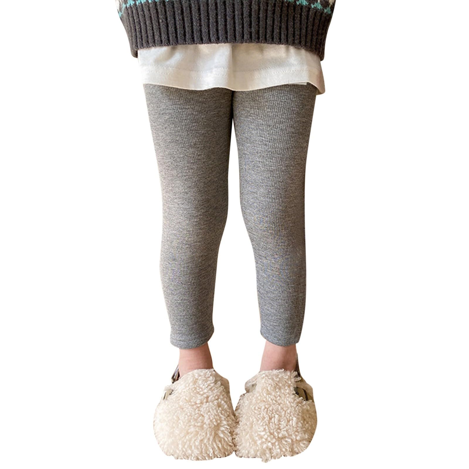 Toddler Girls High Waist Leggings Kids Cotton Fleece Lined Stretchy Pantyhose Baby Solid Color Thicken (Grey, 2-3 Years)