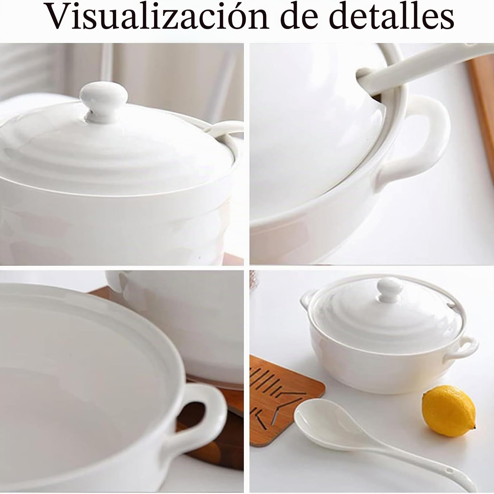 Sopera de cerámica con tapa Sopera de sopa de porcelana blanca Sopera redonda de cerámica Tazón de cerámica para restaurante Decoración de la cocina del hogar Apto para microondas y lavavajillas